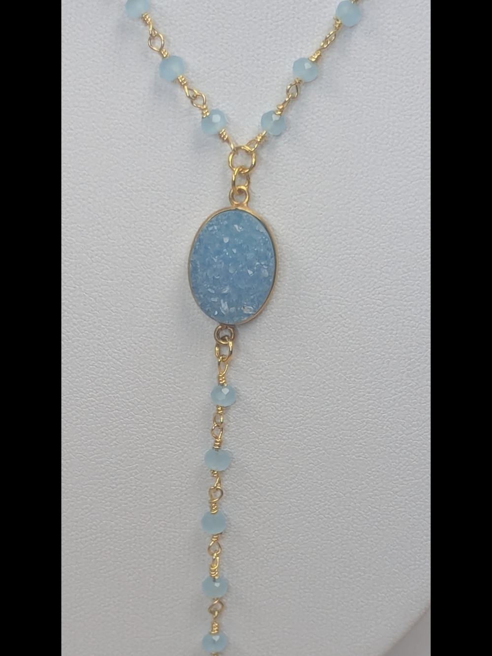 Blue Chalcedony Druzy Pendant Necklace 24K Gold Plated Adjustable 18-20 Inch - Picture 2 of 3